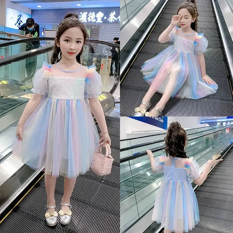 2022 New Girl Summer Dress For 4 6 8 10 12 Years Iridescent Girls Clothing Kids Birthday Party Princess Costume Children Dresses