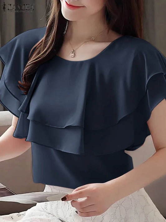 Short Sleeve Blouses Double Ruffled Stitching Casual Shirts