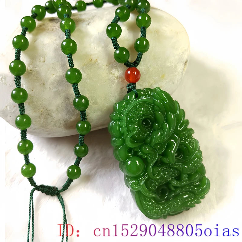 Fashion Natural Green Jade Dragon Pendant Beads Necklace