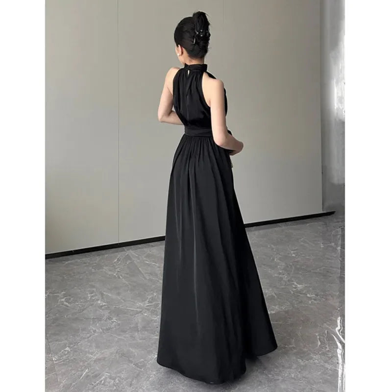 Elegant Black Dress Luxury Sleeveless Socialite Style Long Dress