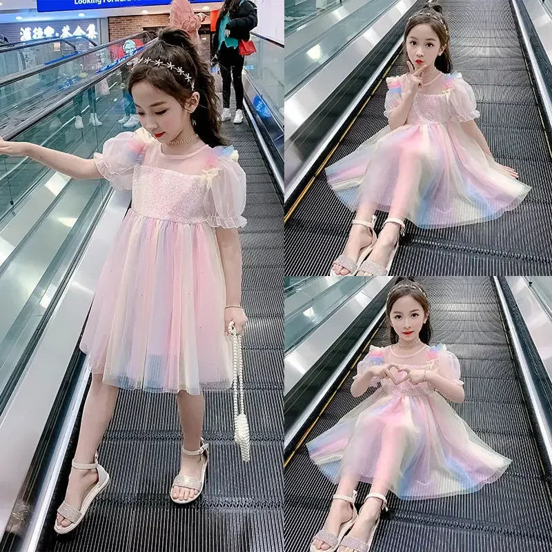 2022 New Girl Summer Dress For 4 6 8 10 12 Years Iridescent Girls Clothing Kids Birthday Party Princess Costume Children Dresses