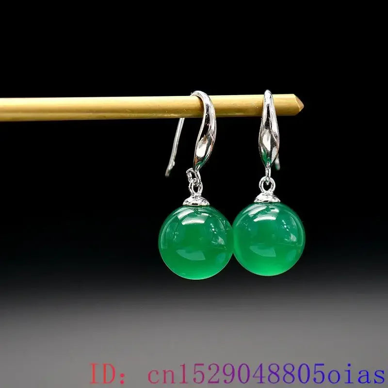 Green Real Jade Bead Earrings 925 Silver Gift Talismans Designer Carved