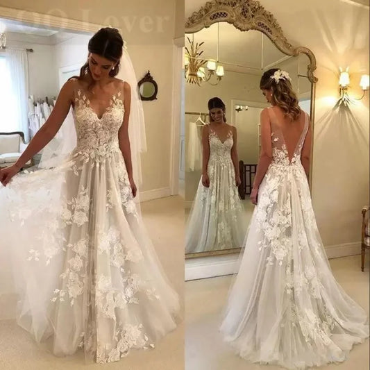 Wedding Dress Bridal Gowns V-Neck Customized Beach Boho Appliques Vestido De Noiva Plus Size robe de soriee