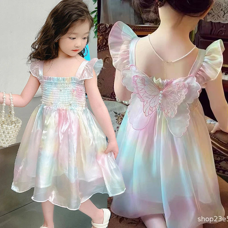 Princess Pearl Decoration Summer Dress For Girl 1-8Y Gradient Rainbow Butterfly Decoration Mesh Girls Dress Kids Party Clothes