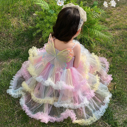 Girl's Rainbow Sling Princess Dress Western Style2024New Summer Baby GirltutuBirthday Cake Tulle Tutu Dress