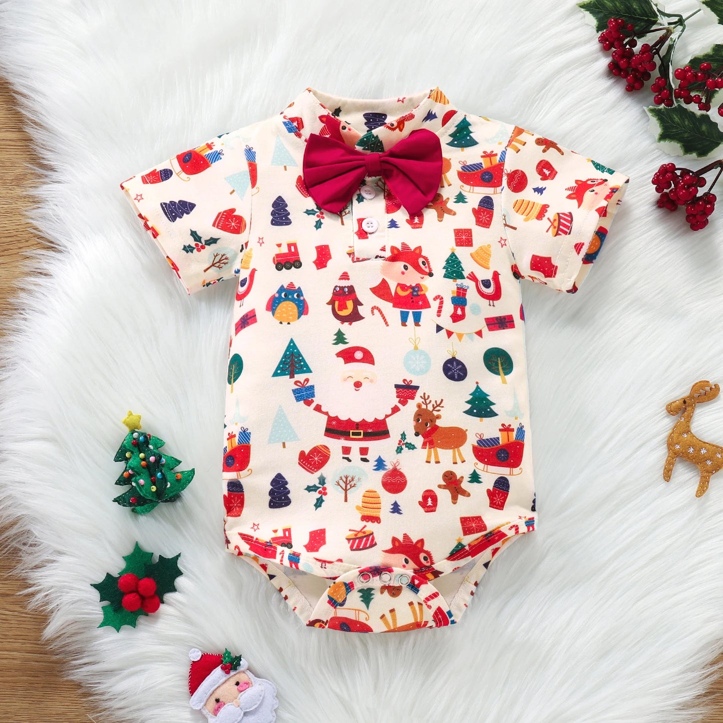 Christmas Suit Infant Bow Short Sleeve Polo Romper + Brace Shorts Set