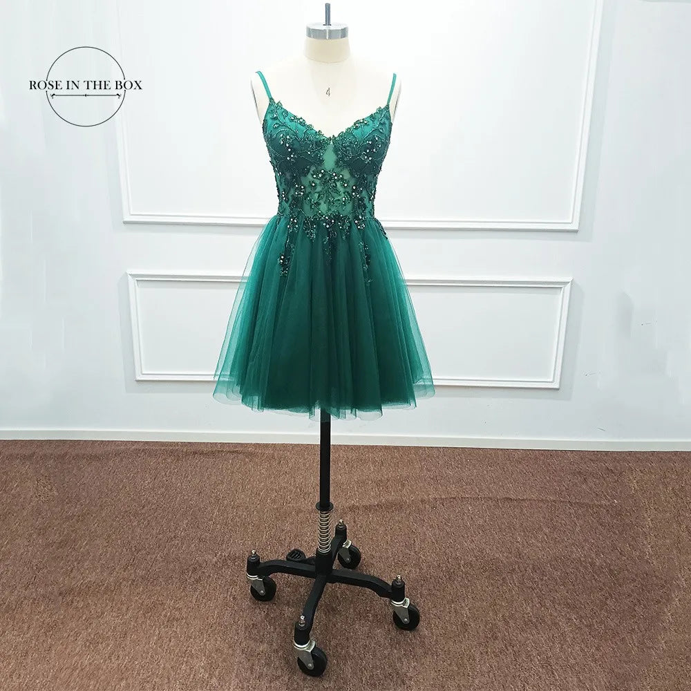 Spaghetti Straps Lace Beaded Dark Green Tulle Short Gowns For Cocktail Party Prom 2025