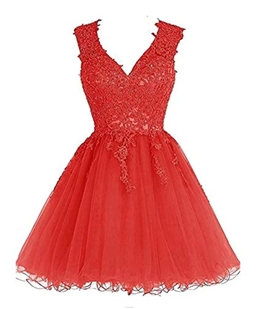 Lace Appliques Homecoming Dresses for Teens Mini V-Neck Backless Prom Dress