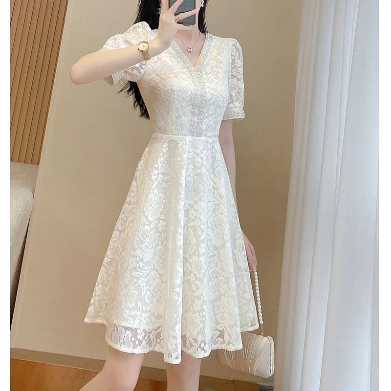 Retro Lace Sequins Beaded Chic Elegant White Party Dresses