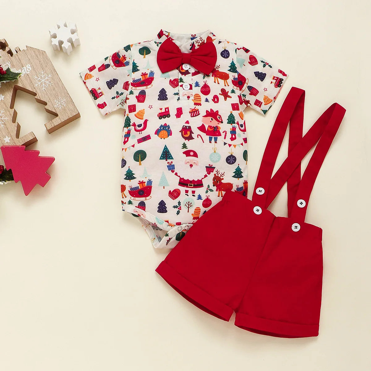 Christmas Suit Infant Bow Short Sleeve Polo Romper + Brace Shorts Set