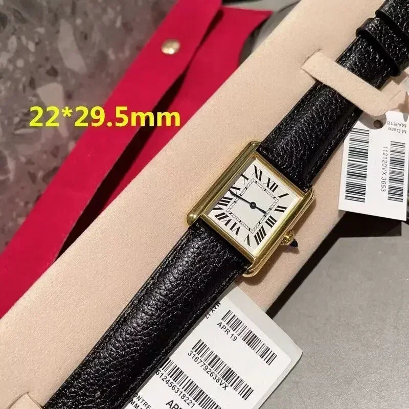 Luxury New Quartz Movement Watch for Men Women Fashion Square Simple Genuine Black Leather Silver Yellow Gold WristWatch