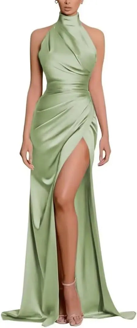 Elegant Long Evening Dresses Halter Satin Pleat Prom Gowns Cocktail Party Sexy High Slit Formal Vestido De Noche Customized