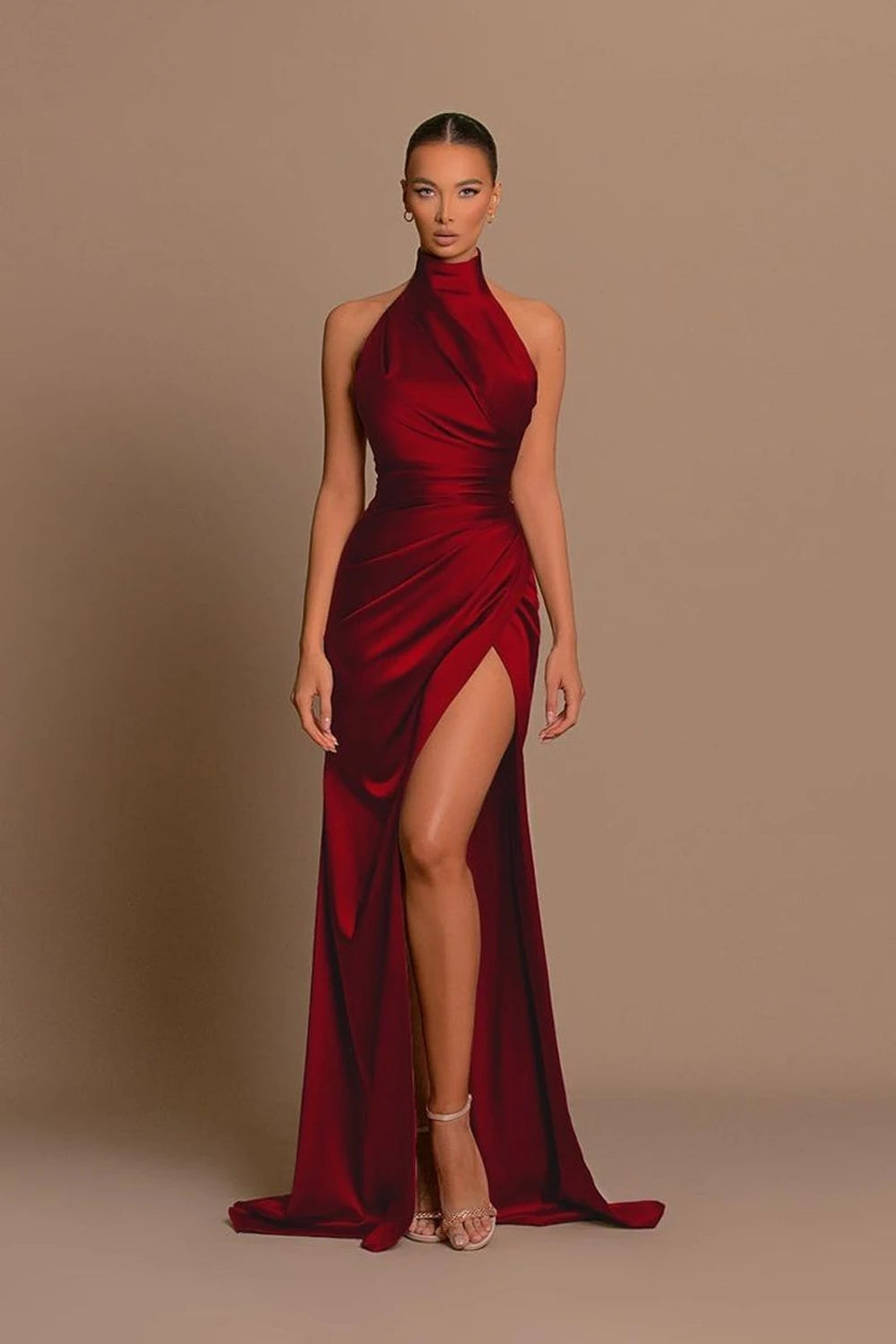 Elegant Long Evening Dresses Halter Satin Pleat Prom Gowns Cocktail Party Sexy High Slit Formal Vestido De Noche Customized