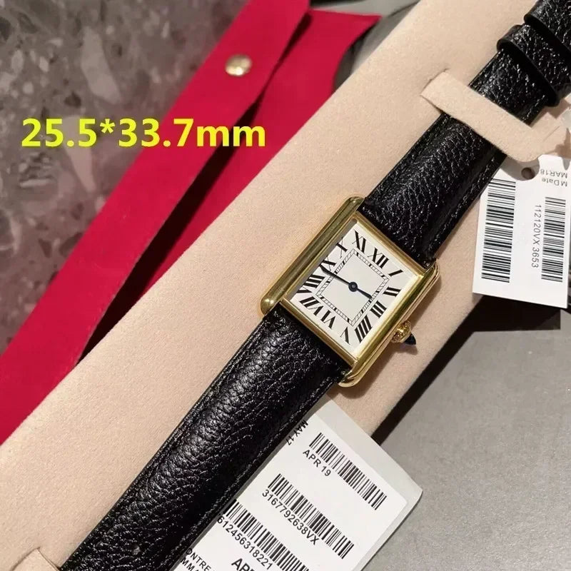 Luxury New Quartz Movement Watch for Men Women Fashion Square Simple Genuine Black Leather Silver Yellow Gold WristWatch