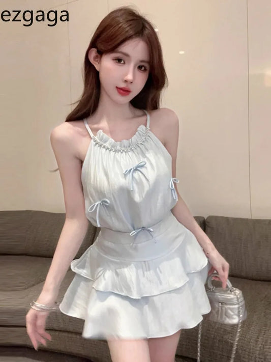 Two Piece Set Women Crop Tank Tops Bowknot Sexy Camis Ruffles Mini Skirts High Waist Sweet Elegant Ladies Summer Suits