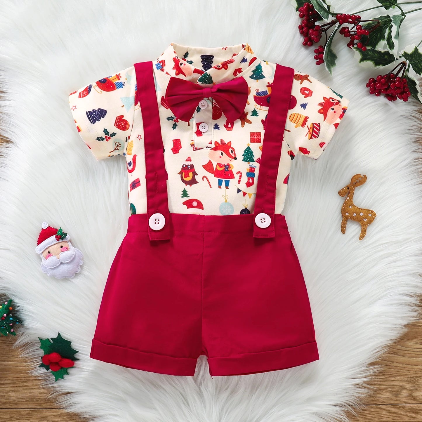 Christmas Suit Infant Bow Short Sleeve Polo Romper + Brace Shorts Set