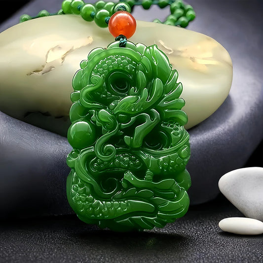 Fashion Natural Green Jade Dragon Pendant Beads Necklace