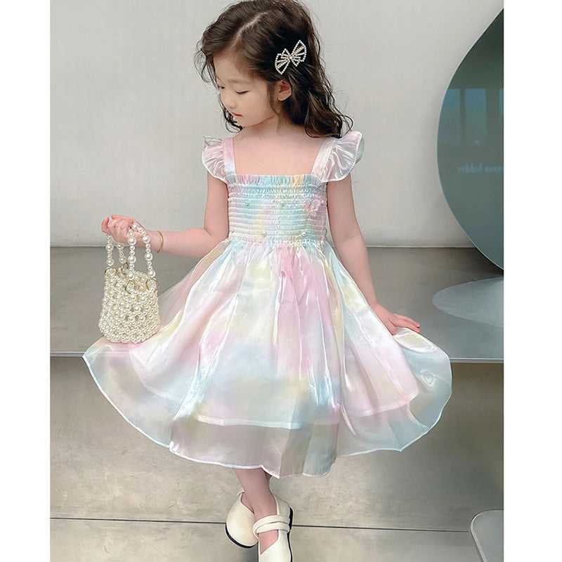 Princess Pearl Decoration Summer Dress For Girl 1-8Y Gradient Rainbow Butterfly Decoration Mesh Girls Dress Kids Party Clothes