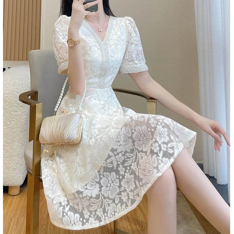 Retro Lace Sequins Beaded Chic Elegant White Party Dresses