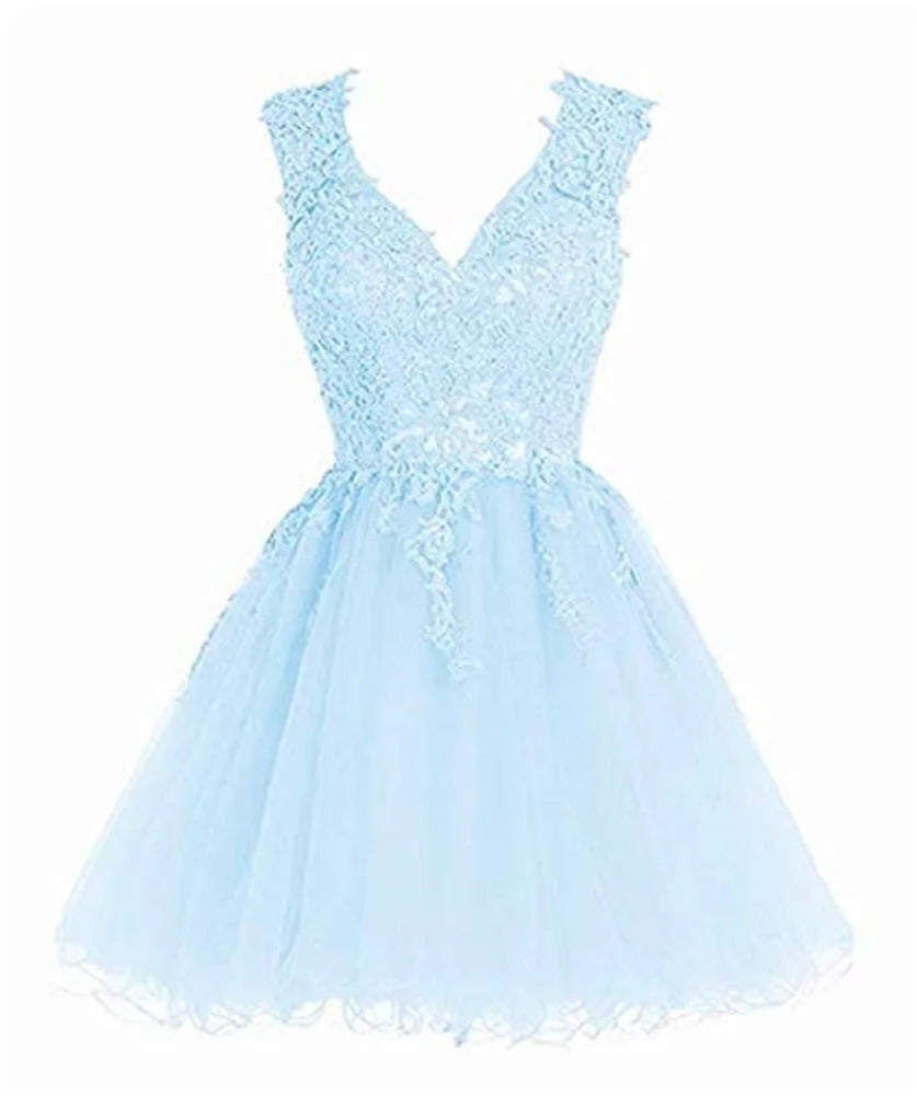 Lace Appliques Homecoming Dresses for Teens Mini V-Neck Backless Prom Dress