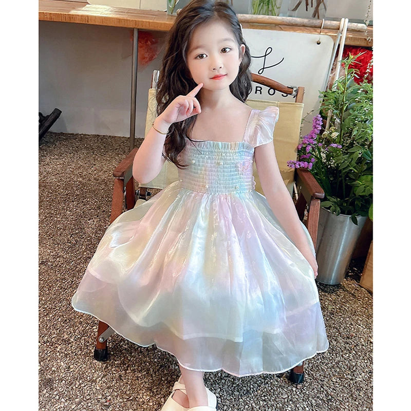 Princess Pearl Decoration Summer Dress For Girl 1-8Y Gradient Rainbow Butterfly Decoration Mesh Girls Dress Kids Party Clothes