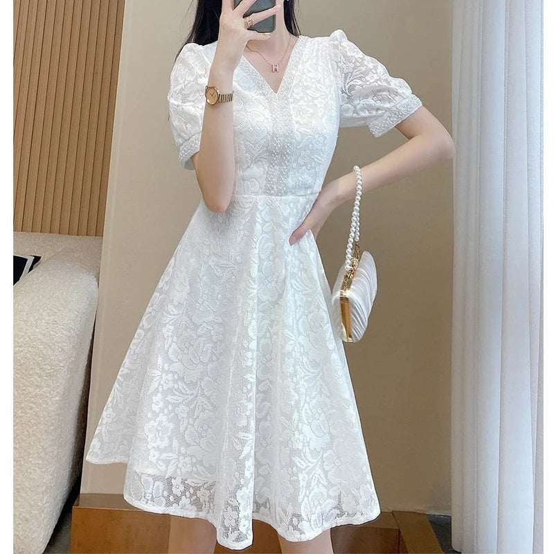 Retro Lace Sequins Beaded Chic Elegant White Party Dresses