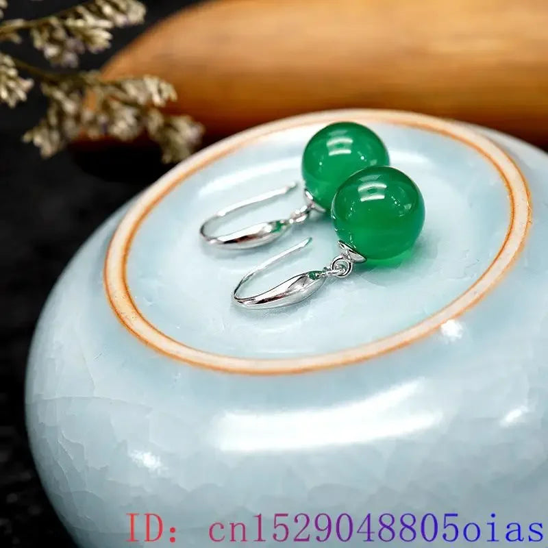 Green Real Jade Bead Earrings 925 Silver Gift Talismans Designer Carved