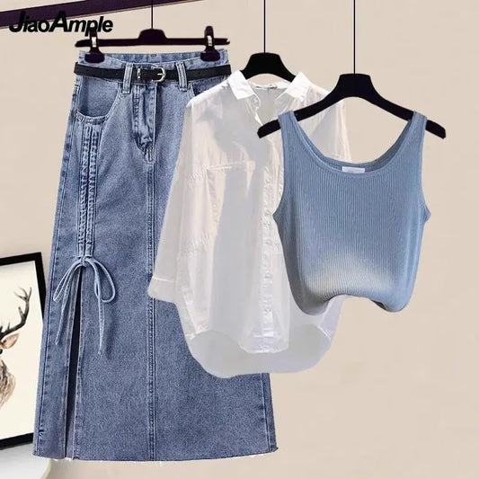 Matching Set Korean Elegant White Sunscreen Shirt+Knit Vest+Sexy Split Denim Skirt