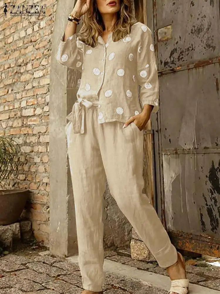 Casual Belted Elastic Waist Trouser Pantsuits O-neck 3/4 Sleeve Polka Dot Shirt