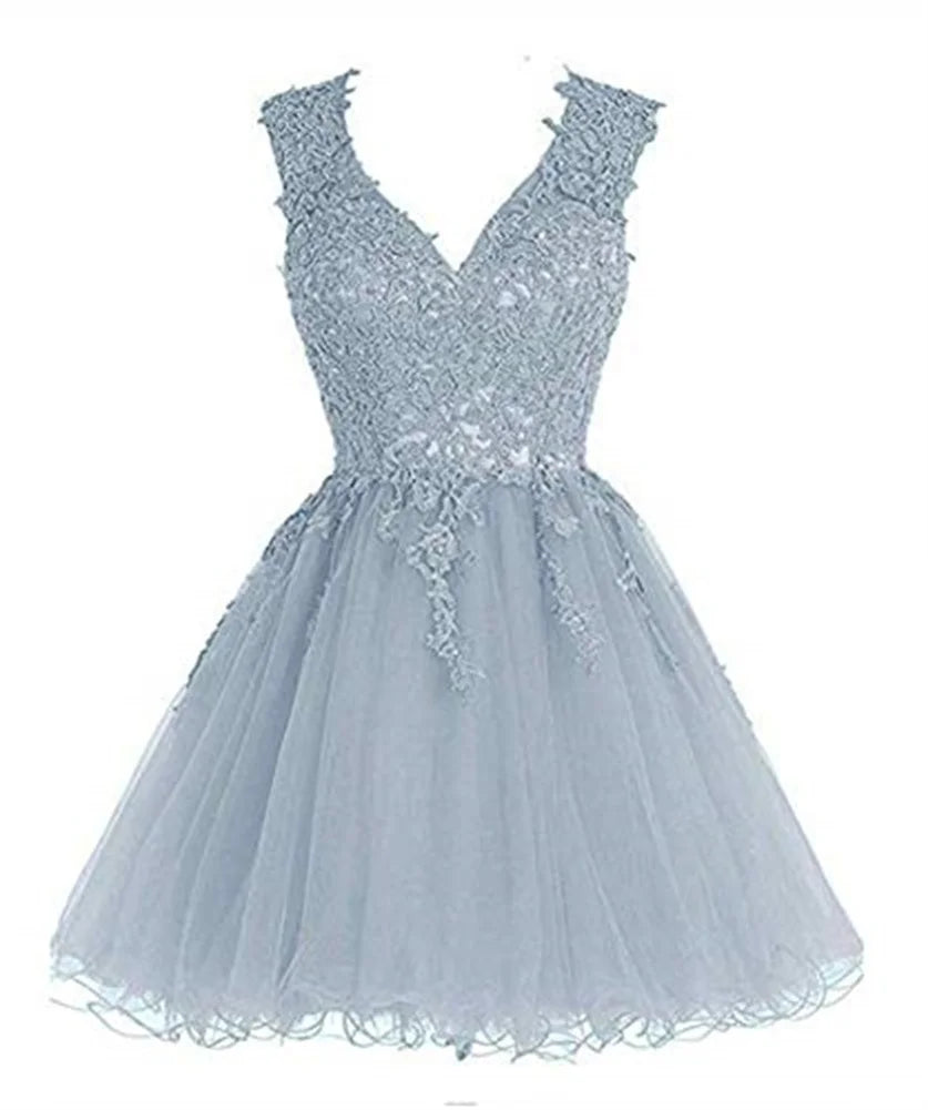 Lace Appliques Homecoming Dresses for Teens Mini V-Neck Backless Prom Dress