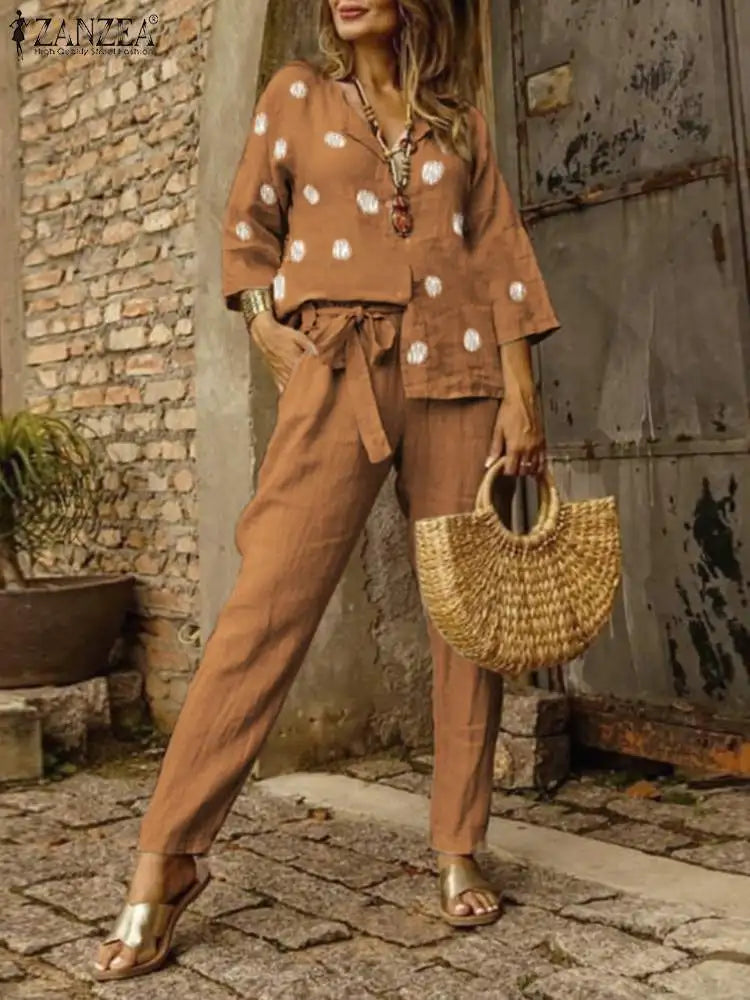 Casual Belted Elastic Waist Trouser Pantsuits O-neck 3/4 Sleeve Polka Dot Shirt