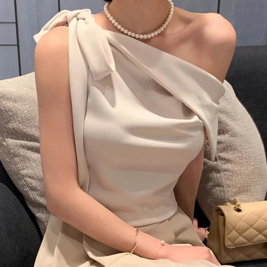 Korean Fashion Elegant Slanted Collar Off Shoulder Strap Bow Tie Versatile Slimming Vest