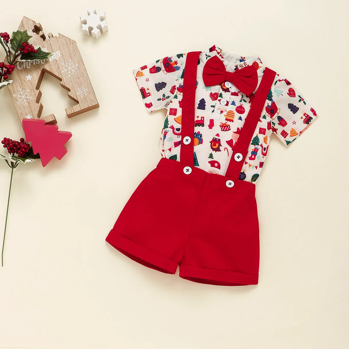 Christmas Suit Infant Bow Short Sleeve Polo Romper + Brace Shorts Set