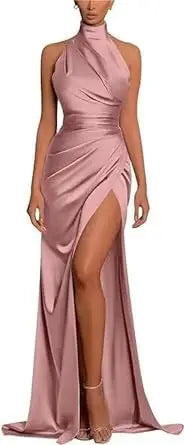 Elegant Long Evening Dresses Halter Satin Pleat Prom Gowns Cocktail Party Sexy High Slit Formal Vestido De Noche Customized