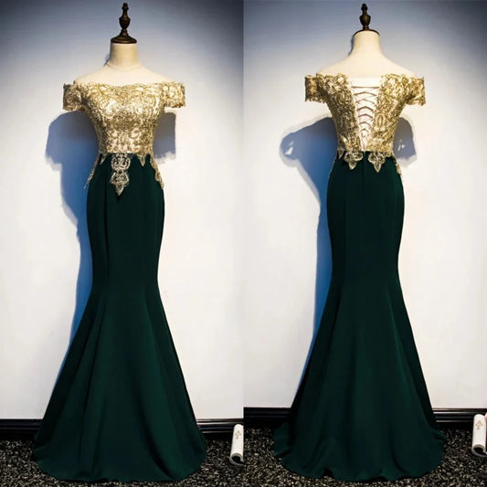 Evening Dresses Gloden Appliques Green Jersey Off the Shoulder Lace up Mermaid Trumpet Floor Length Plus zie Women Party Gown