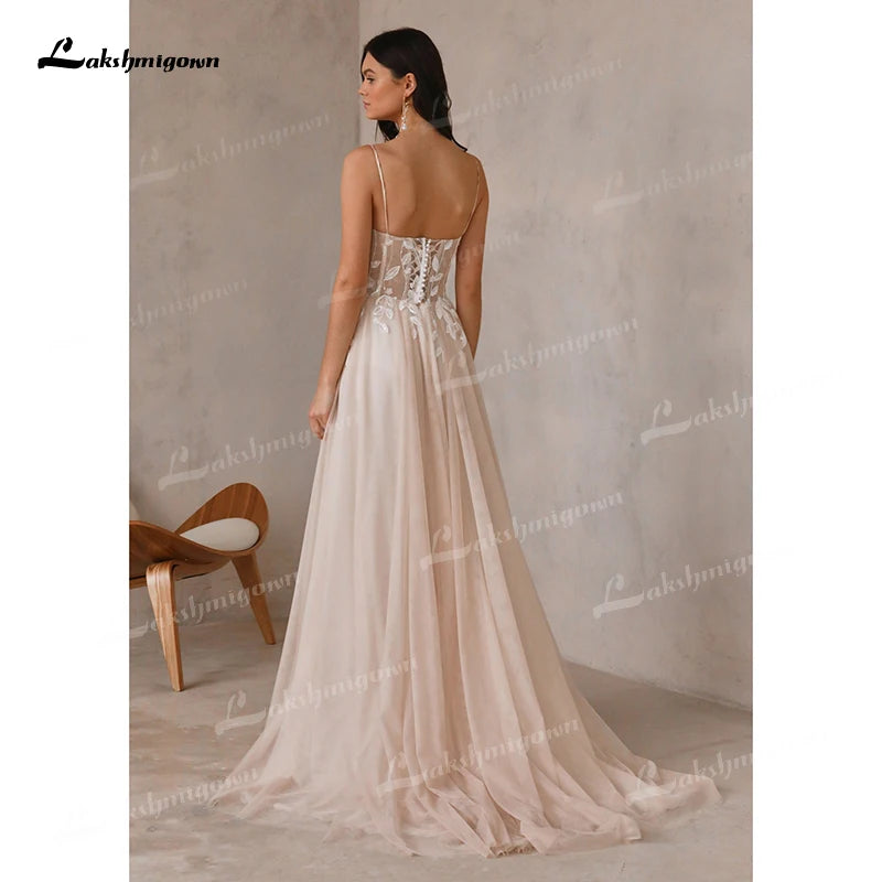 Sexy High Split Sweetheart Appliques Spaghetti Straps A-Line Wedding Dress Birdal Gown Lace Sweep Button vestido Customized