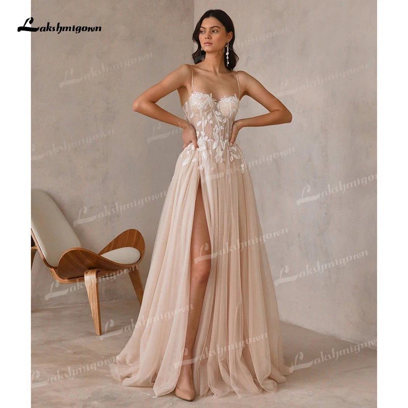 Sexy High Split Sweetheart Appliques Spaghetti Straps A-Line Wedding Dress Birdal Gown Lace Sweep Button vestido Customized