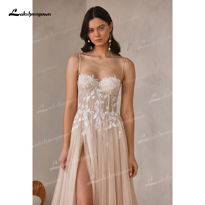 Sexy High Split Sweetheart Appliques Spaghetti Straps A-Line Wedding Dress Birdal Gown Lace Sweep Button vestido Customized