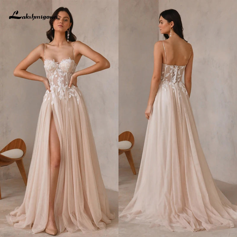 Sexy High Split Sweetheart Appliques Spaghetti Straps A-Line Wedding Dress Birdal Gown Lace Sweep Button vestido Customized