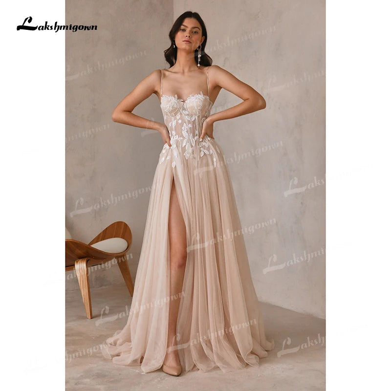 Sexy High Split Sweetheart Appliques Spaghetti Straps A-Line Wedding Dress Birdal Gown Lace Sweep Button vestido Customized